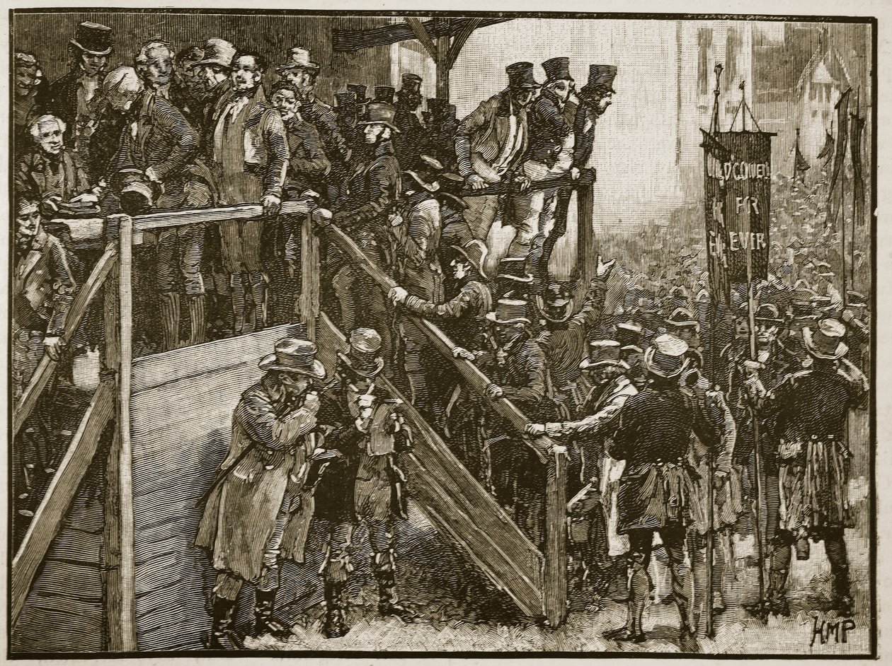Clare-konkurrencen: Fader Murphy fører sine lejere til afstemningen, illustration fra Cassells Illustrated History of England (sepia-foto) af English School