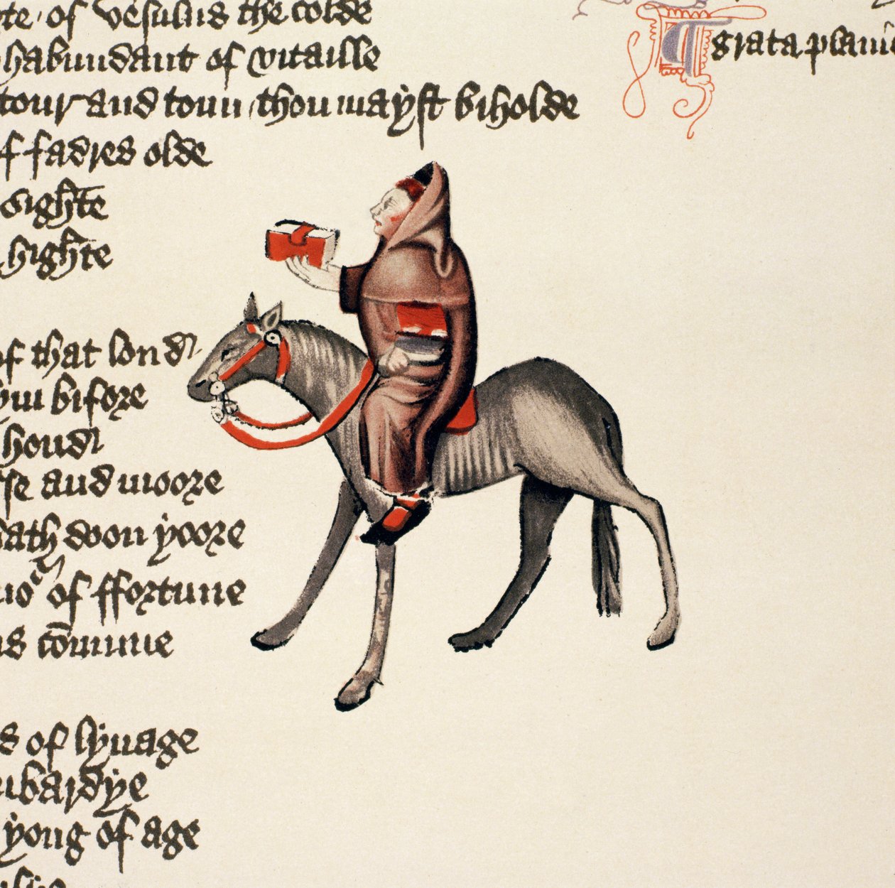 The Clerk of Oxfords Tale, detaljer fra The Canterbury Tales, af Geoffrey Chaucer (ca. 1342-1400) Ellesmere Manuscript, faksimileudgave, 1911 (for originale detaljer se 128942) af English School