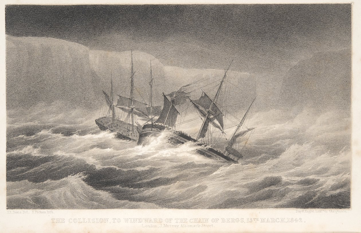 Kollisionen, fra Voyage of Discovery and Research in the Southern and Antarctic Regions af kaptajn Sir James Clark Ross, pub. 1847 (kobberstik) af English School