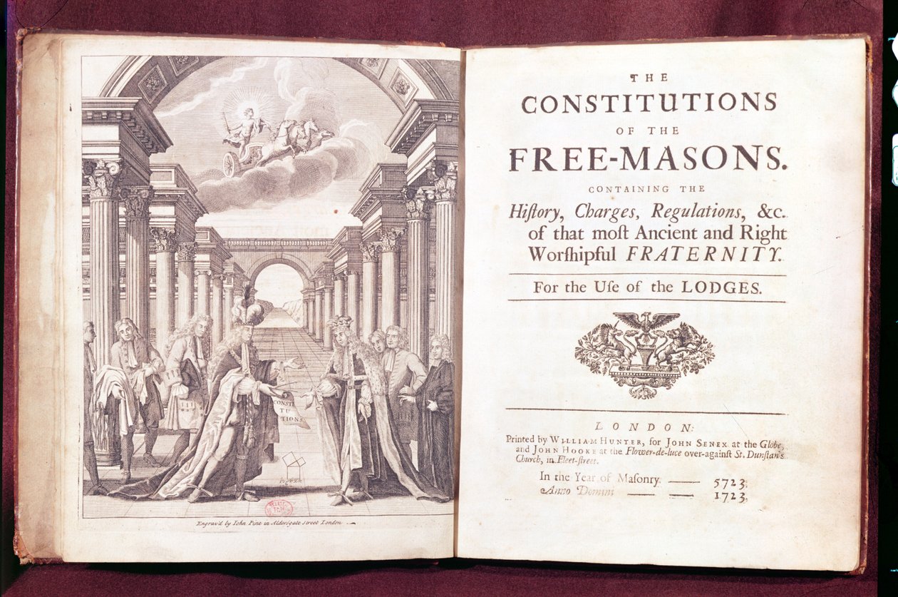 `The Constitutions of the Freemasons af Dr. James Anderson (ca. 1680-1739) udgivet i London 1723 af English School
