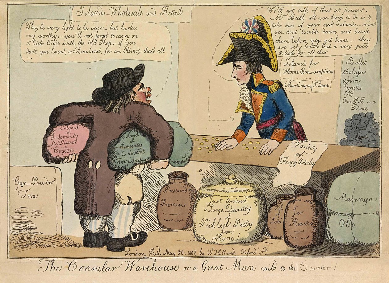 The Consular Warehouse eller en stor mand sømmet til skranken, pub. 1802 (håndfarvet gravering) af English School