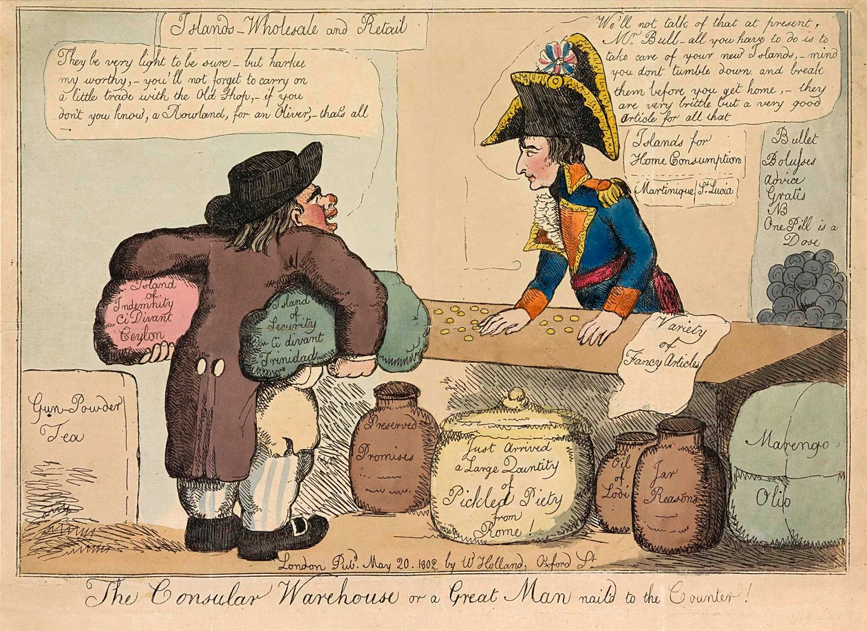 The Consular Warehouse eller en stor mand sømmet til skranken, pub. 1802 håndfarvet gravering. af English School
