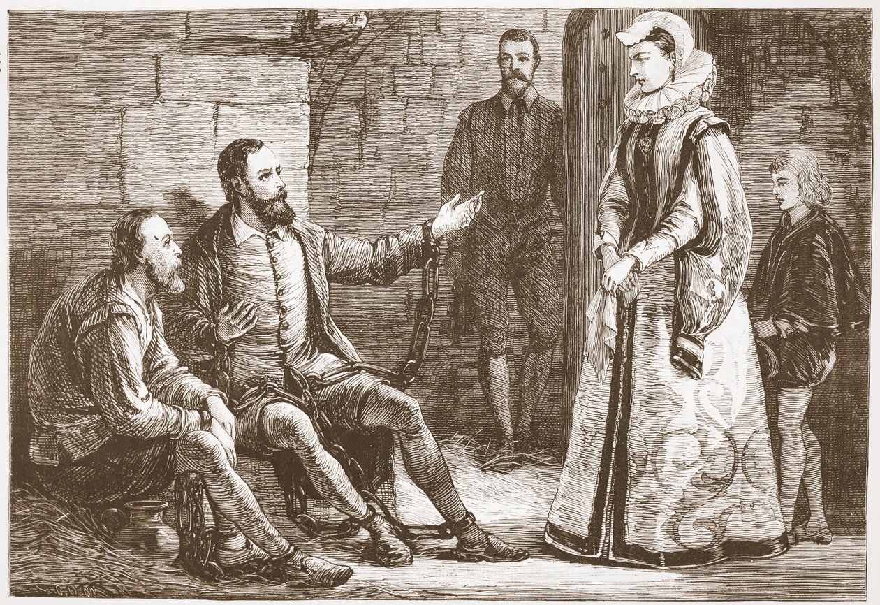 Grevinden af Reux besøger De Bray og La Grange i fængslet, illustration fra The History of Protestantism af James Aitken Wylie (1808-1890), pub. 1878 af English School