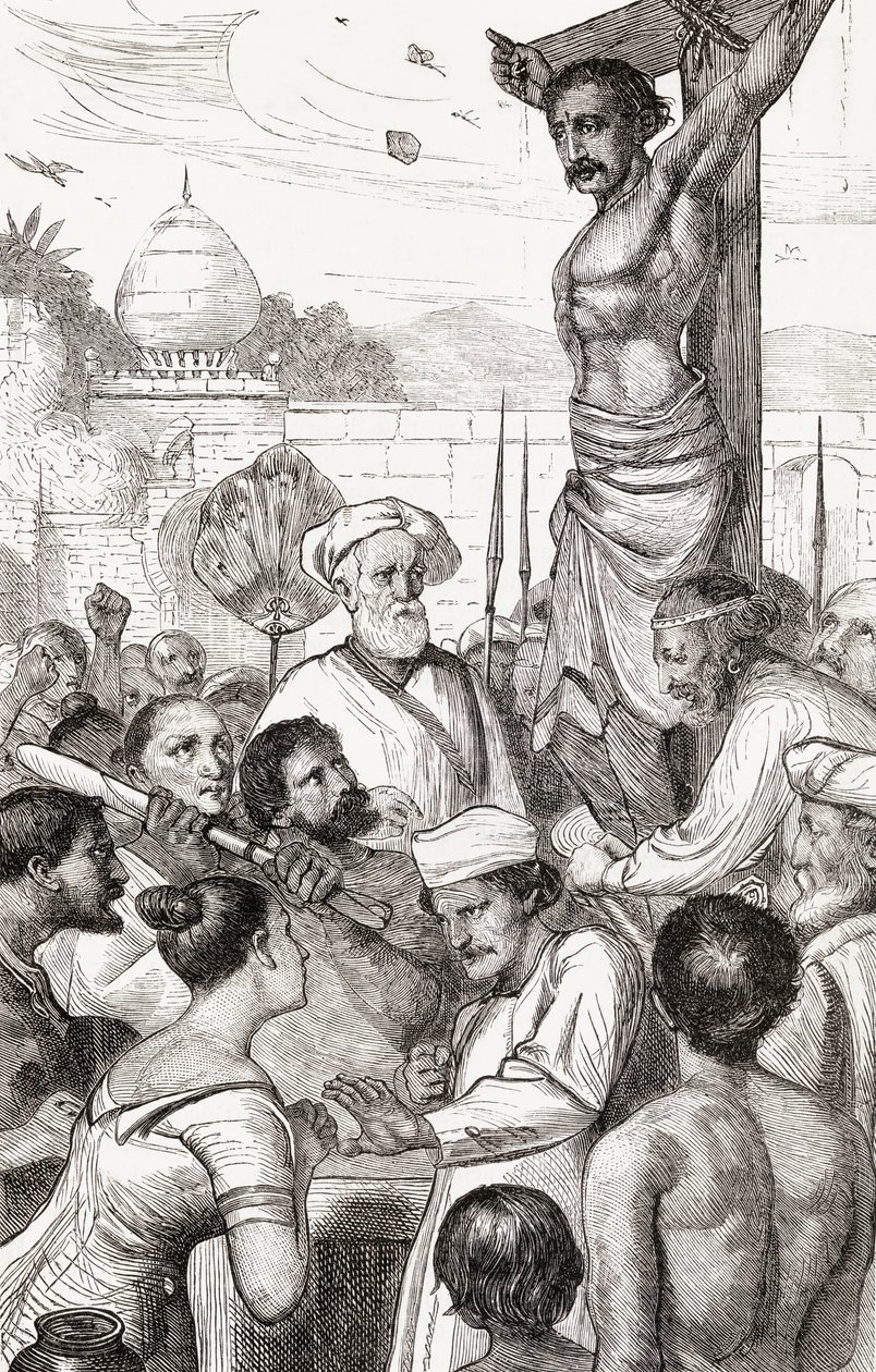 Korsfæstelsen af en Karen Martyr fra Burma, ca. 1865 (træstik) af English School