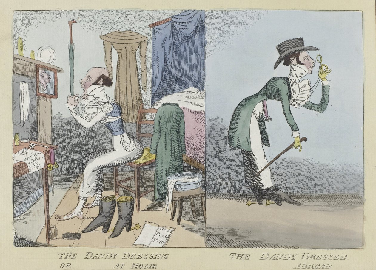 The Dandy Dressing or At Home, The Dandy Dressed Abroad, pub.c.1820 (håndfarvet gravering) af English School