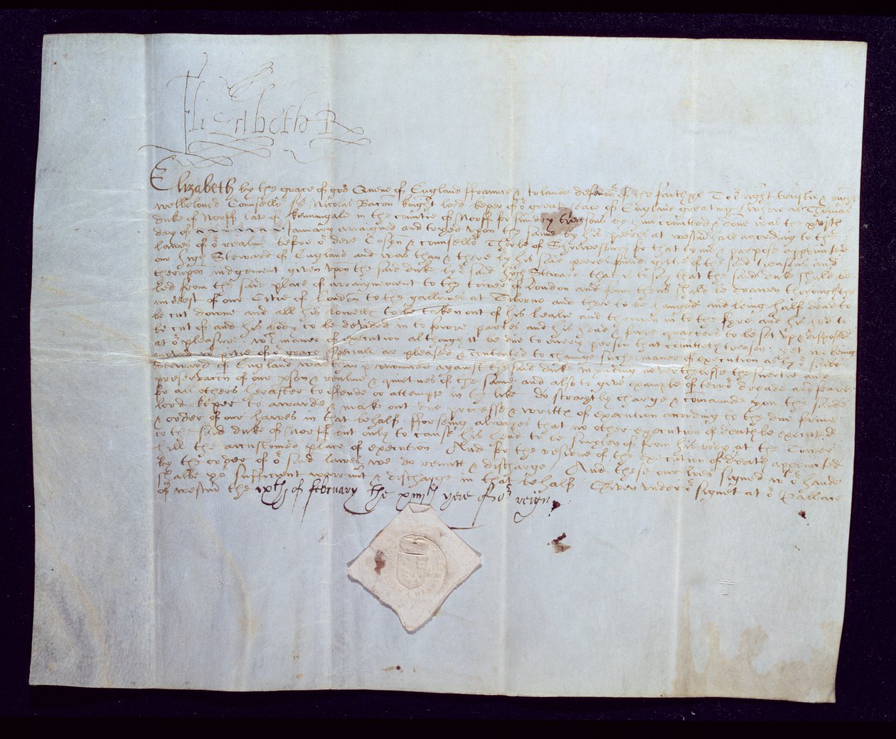 Dødskendelsen til Thomas Howard, 4. hertug af Norfolk, underskrevet af dronning Elizabeth I, 1572 (blæk på vellum) af English School