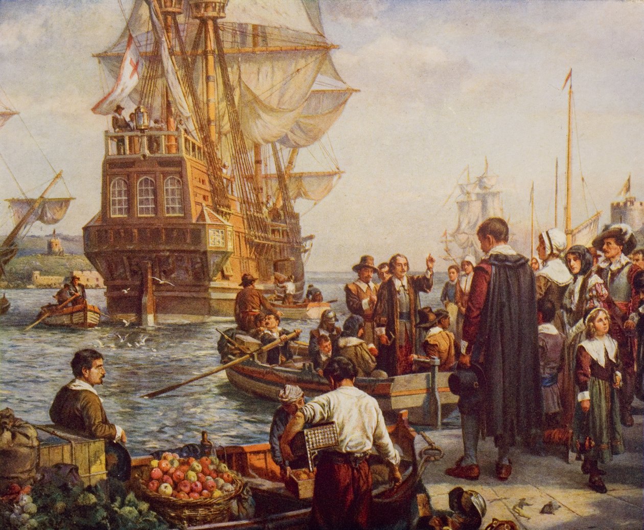 The Departure of the Pilgrim Fathers i 1620, illustration fra 
