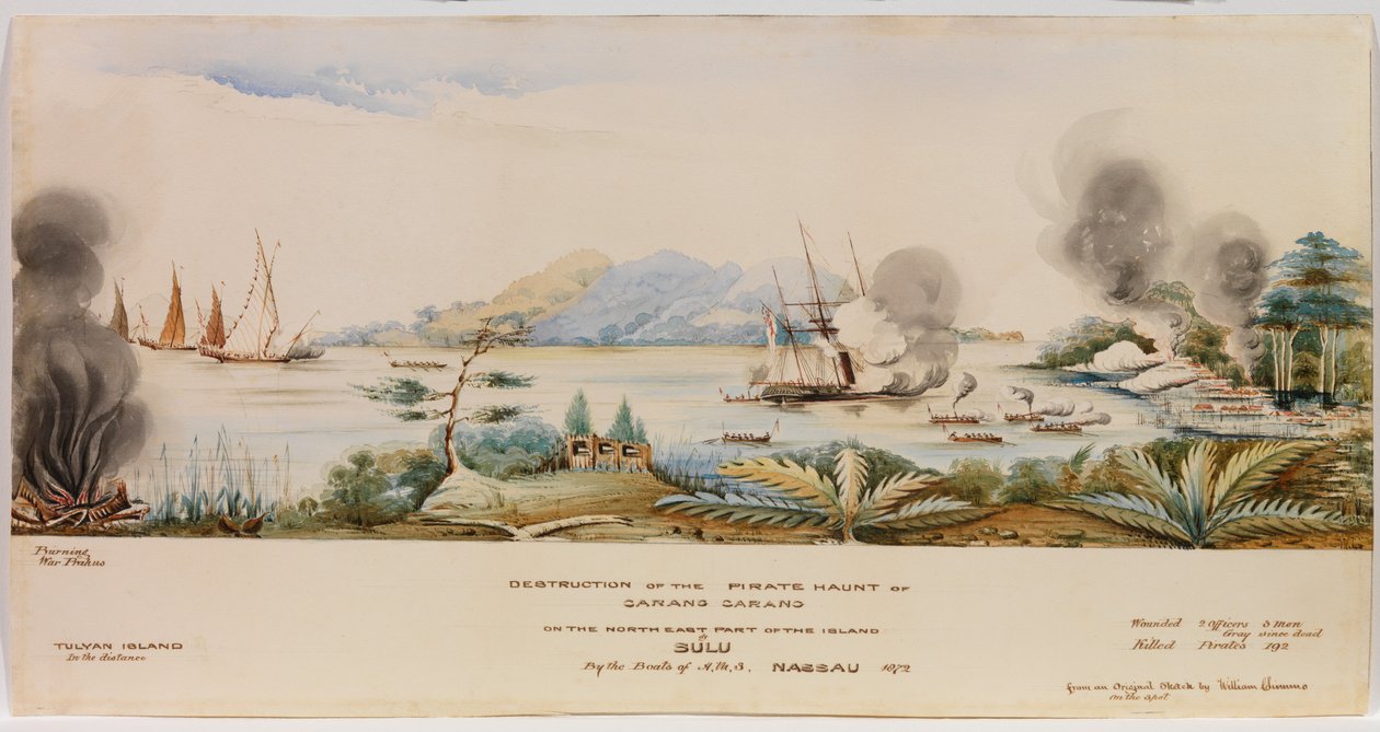 Ødelæggelsen af pirattilholdsstedet Carang Carang på den nordøstlige del af øen Sulu af bådene fra H.M.S. Nassau i 1872 af English School