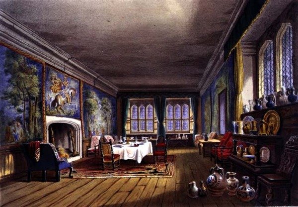 Spisestuen, Cotehele-huset, ca. 1830-40 (farvelitografi) af English School