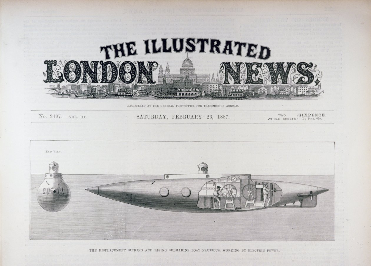 Den forskydning synkende og stigende ubådsbåd Nautilus, der arbejder ved elektrisk kraft, fra The Illustrated London News, 26. februar 1887 af English School