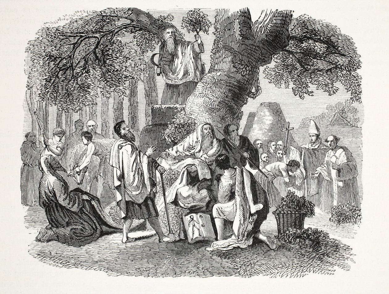 Druiderne eller briternes omvendelse til kristendommen af Bran og hans disciple, pub. 1800-tallet (stålgravering) af English School