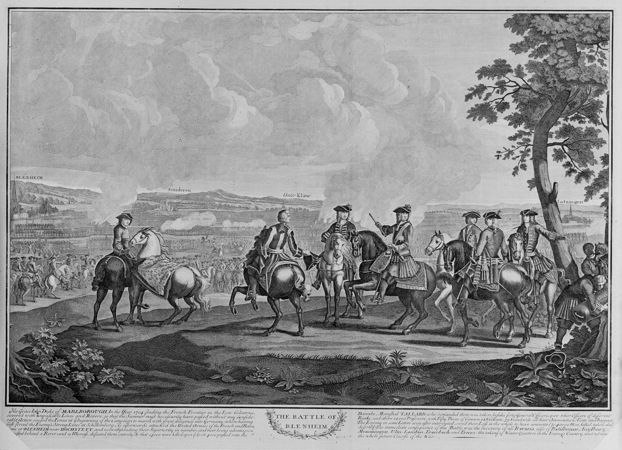 Hertugen af Marlborough (1650-1722) og hans stab ved slaget ved Blenheim den 13. august 1704, ca. 1704 (streggravering) af English School