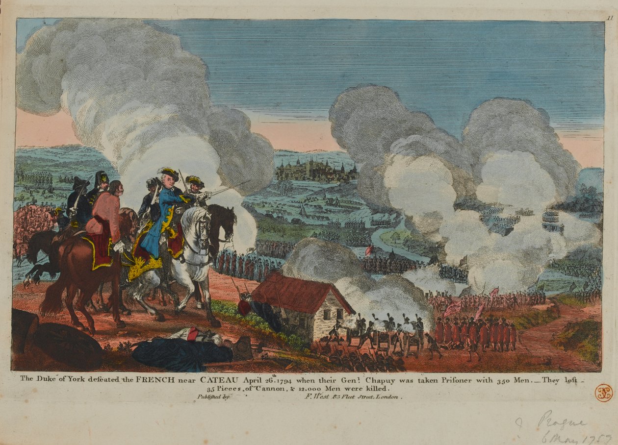 Hertugen af York (1763-1827) besejrede franskmændene nær Cateau den 26. april 1794 fra et sæt syvårskrigsscener udgivet af F. West, 1834 af English School