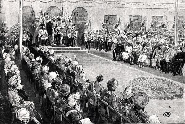 The Durbar ved Rawul Pindi (gravering) (s/h foto) af English School
