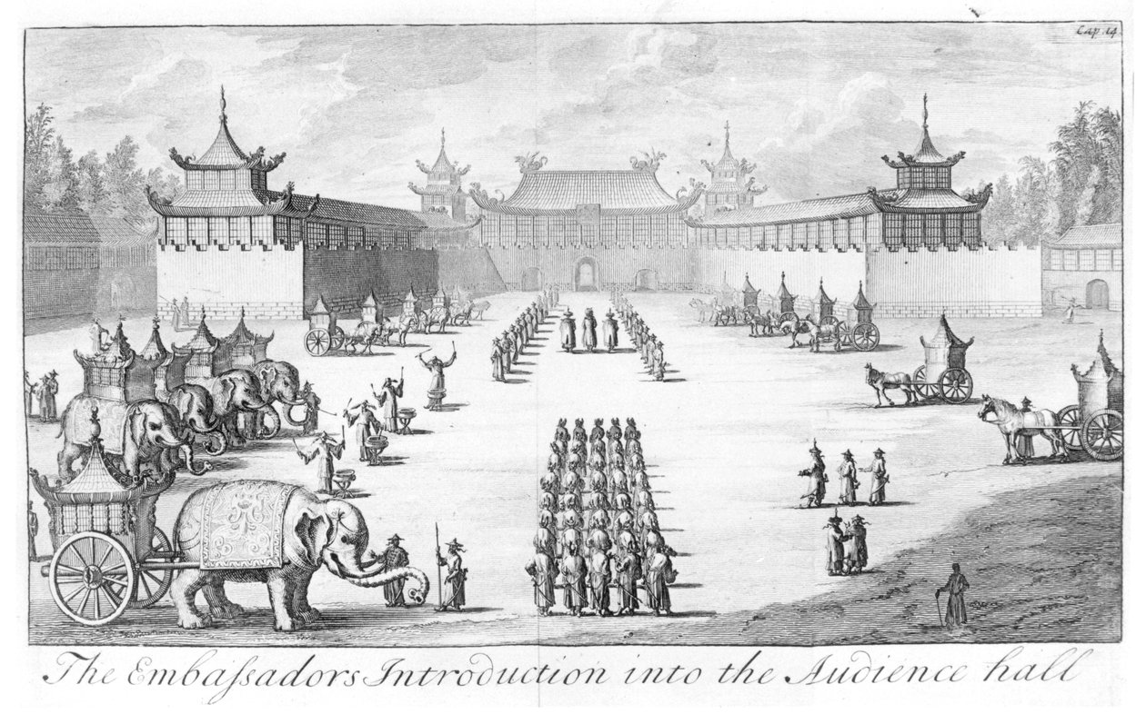 Embassadørerne introduktion til publikumssalen: reception i det kinesiske kejserpalads i Beijing for zar Peter den Stores ambassade ledet af Evert Isbrandz. Ides, fra Three Years Travels fra Mo af English School