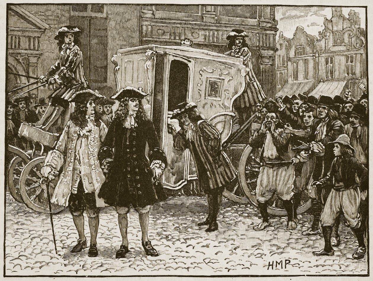Den engelske befuldmægtigede fornærmede i Utrechts gader, 1712, illustration fra Cassells Illustrated History of England (sepia foto) af English School