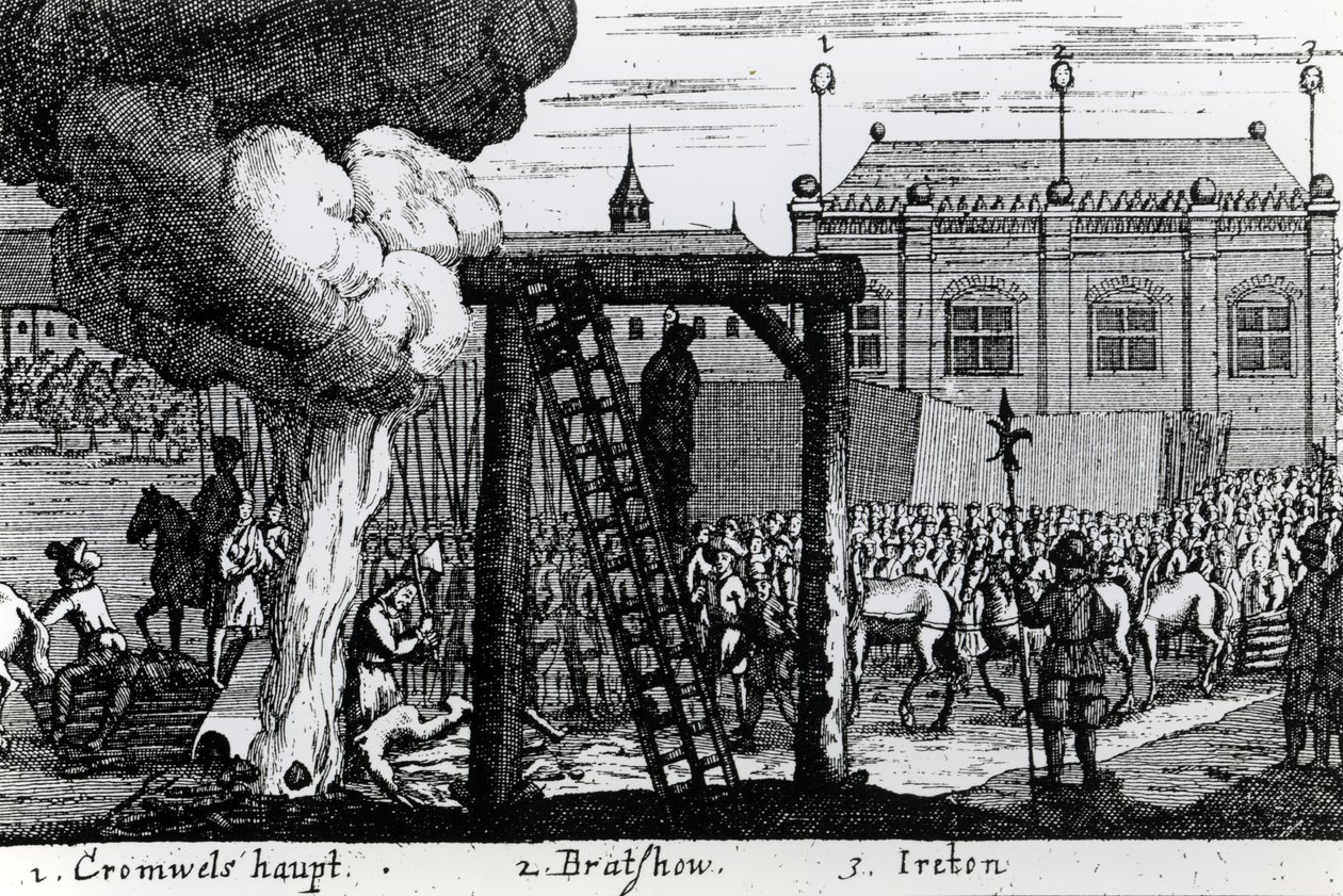 Henrettelsen af Oliver Cromwell, John Bradshaw og Henry Ireton, ca. 1661 af English School