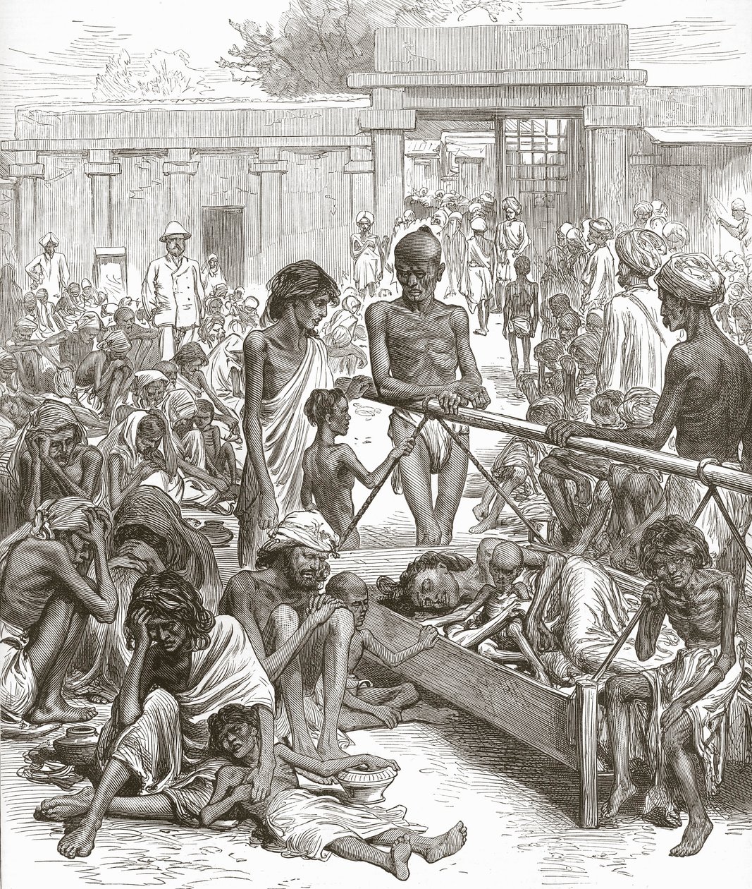 Hungersnøden i Indien: Indfødte venter på nødhjælp i Bangalore, oktober 1877. af English School
