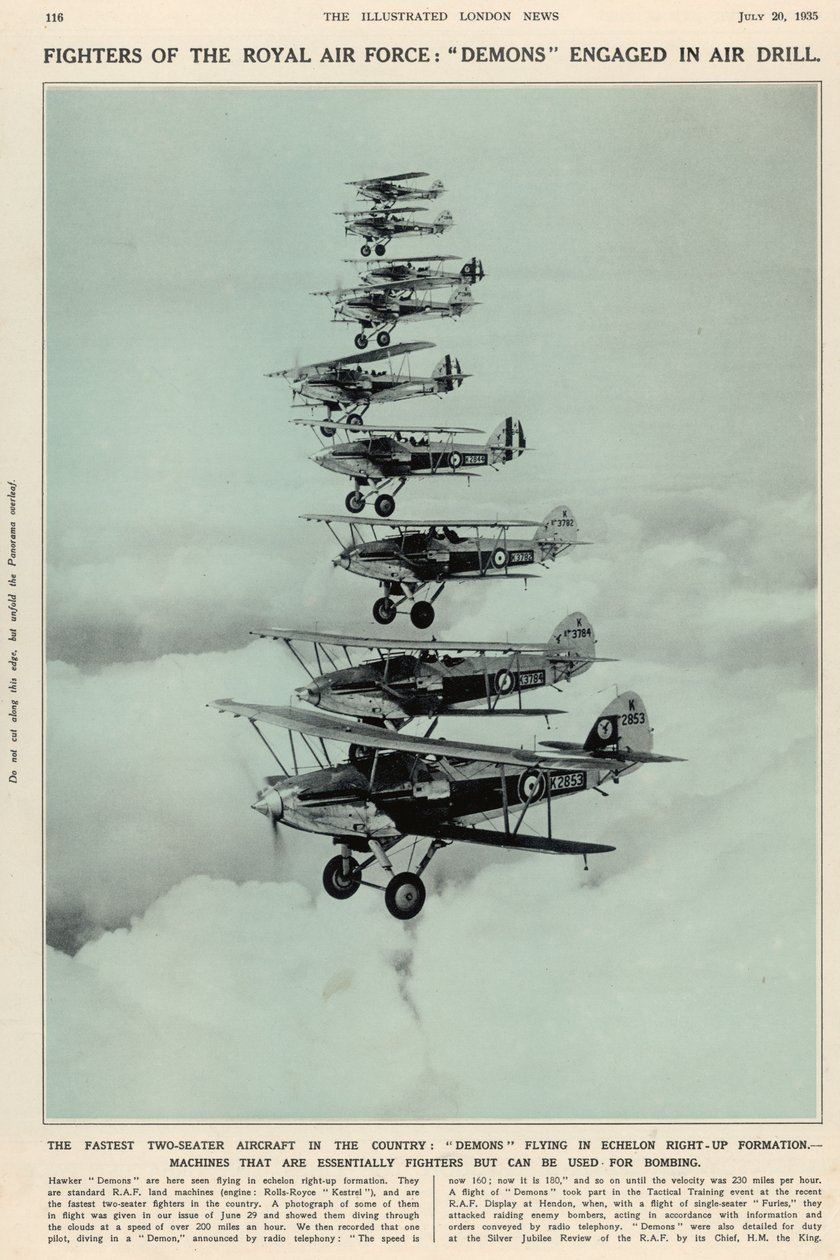 Det hurtigste tosædede fly i landet: Dæmoner, der flyver i formation til højre op, fra The Illustrated London News Royal Naval and Military Number, 20. juli 1935 af English School