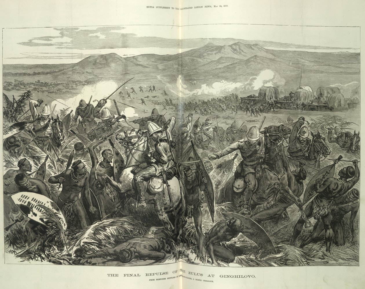 The Final Repulse of the Zulus at Ginghilovo, fra skitser leveret af oberstløjtnant J. North Crealock. Illustration fra 
