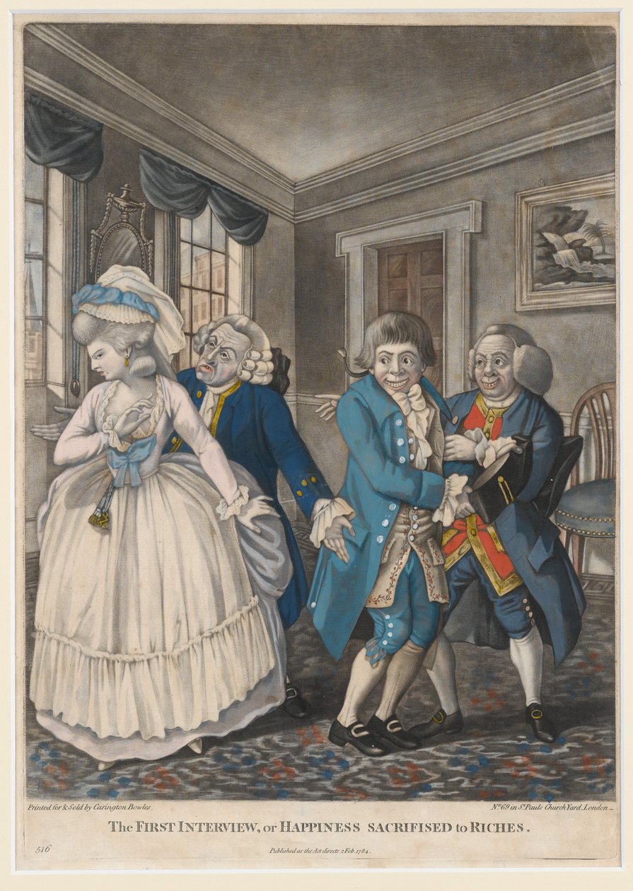 The First Interview, or Happiness Sacrificed to Riches, 1784 (håndfarvet mezzotint) af English School