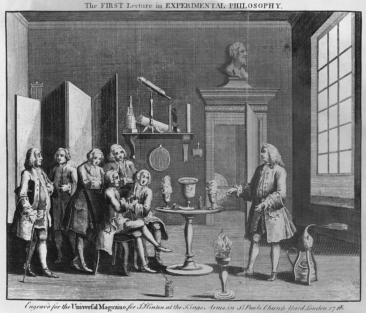 Den første forelæsning i eksperimentel filosofi, indgraveret for Universal Magazine, 1748 af English School