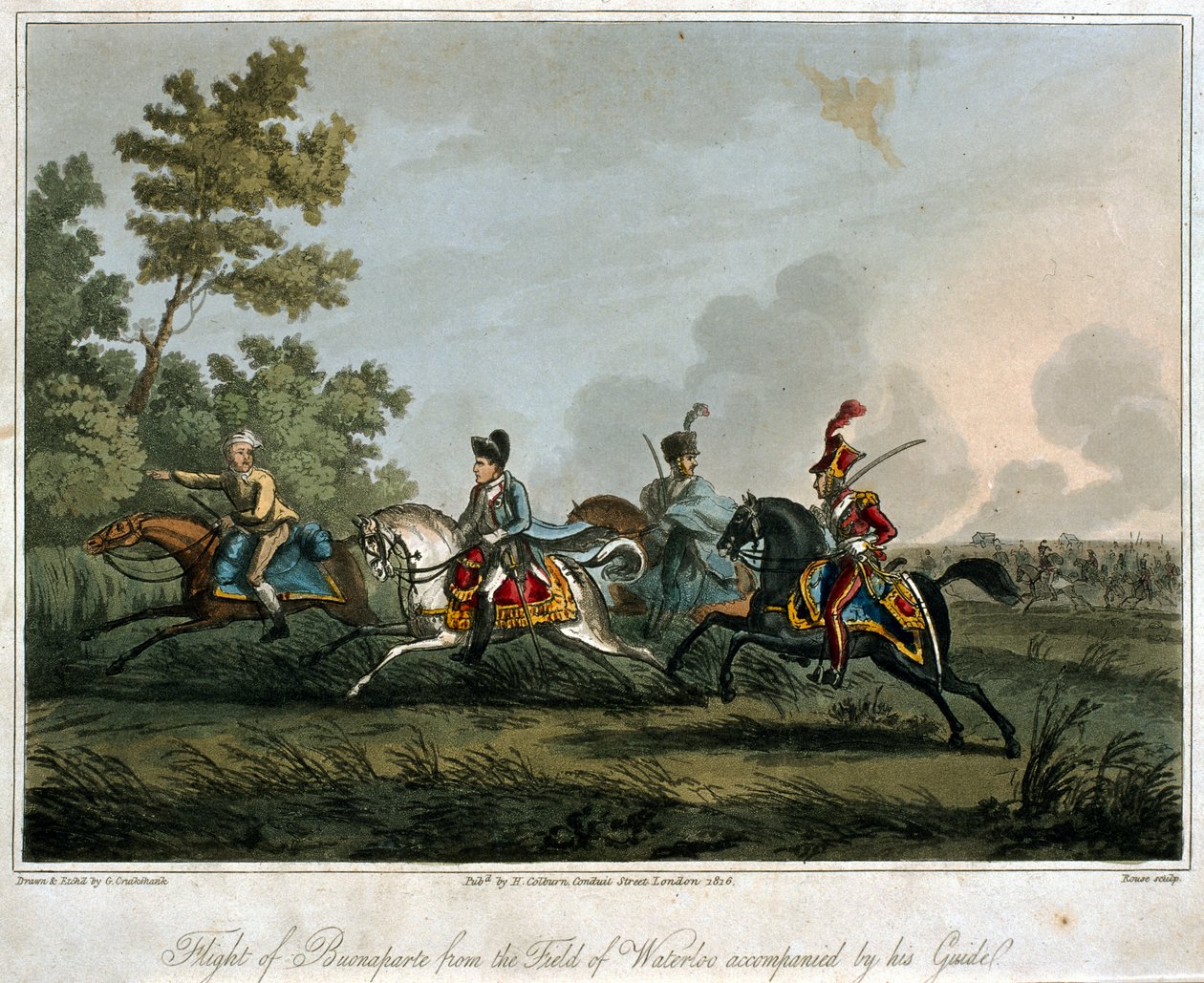 The Flight of Bonaparte (1769-1821) fra feltet Waterloo i 1815, 1817 (akvatint) af English School