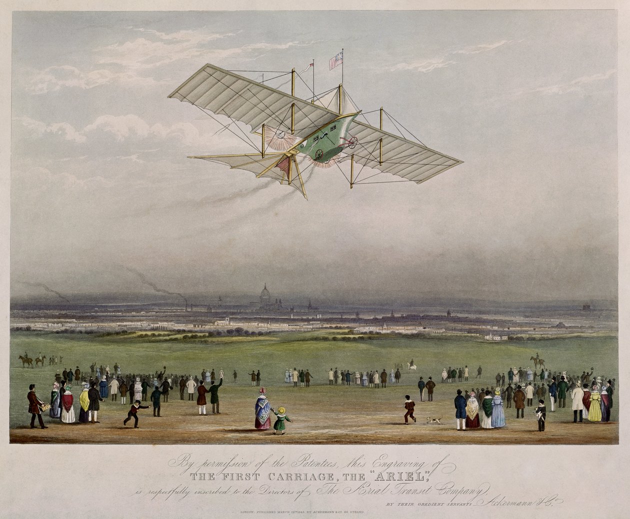 The Flying Machine, Ariel, fra design udarbejdet af W.S. Henson i 1842, udgivet af Ackermann & Co., 1843 af English School