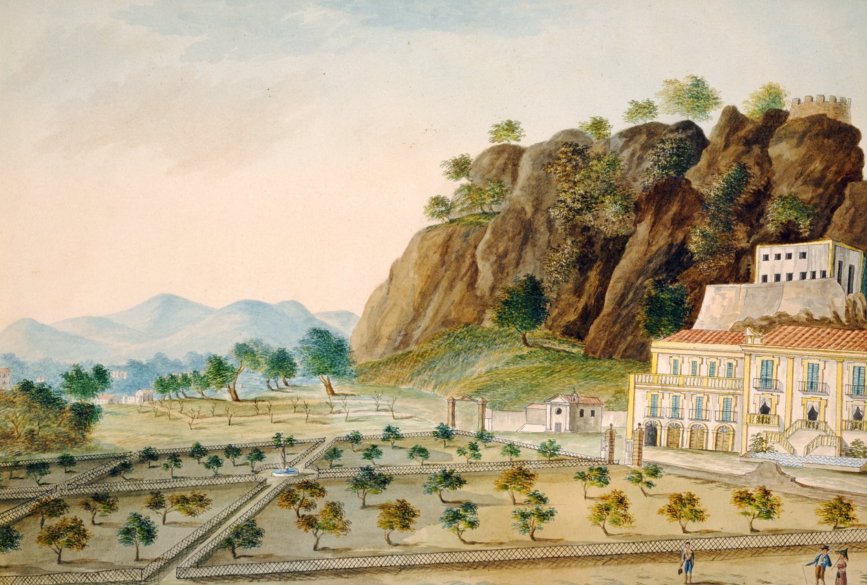 Den formelle have ved La Favorita eller Palazzo Cinese, Palermo, designet til kong Fernando IV, ca. 1815 (wc på papir) af English School
