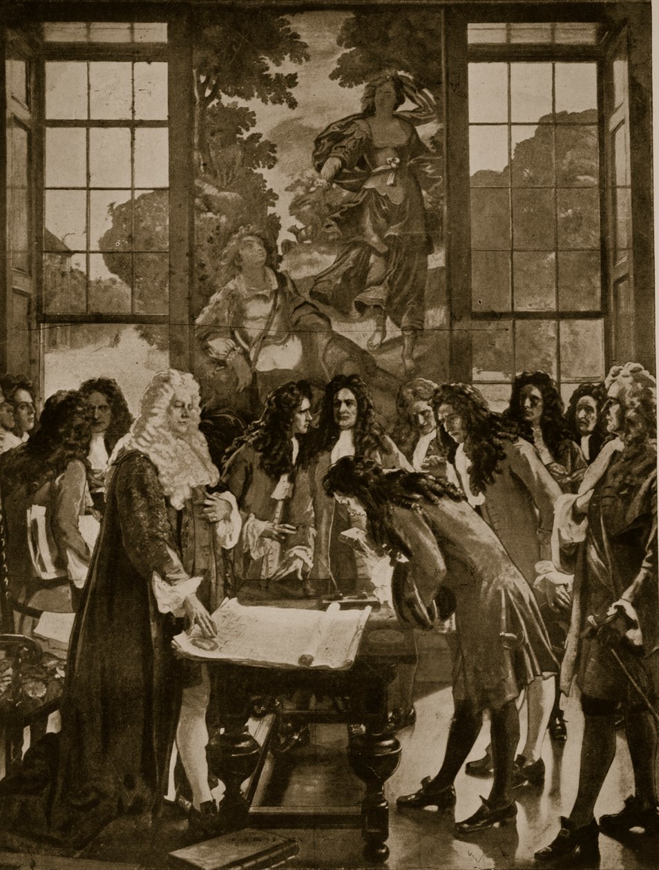 The Founding of the Bank of England, 1694, illustration fra Hutchinsons Story of the British Nation, ca. 1923 af English School