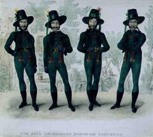 The Four Celebrated Bohemian Brothers, ca. 1827 (farve litho) af English School