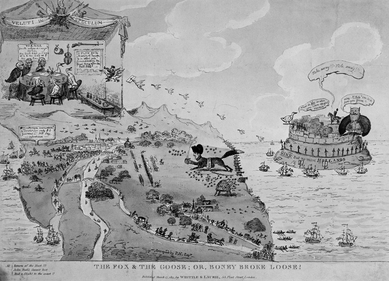 Ræven og gåsen, karikatur af Napoleon (1769-1861) på flugt fra Elba, 1815 af English School