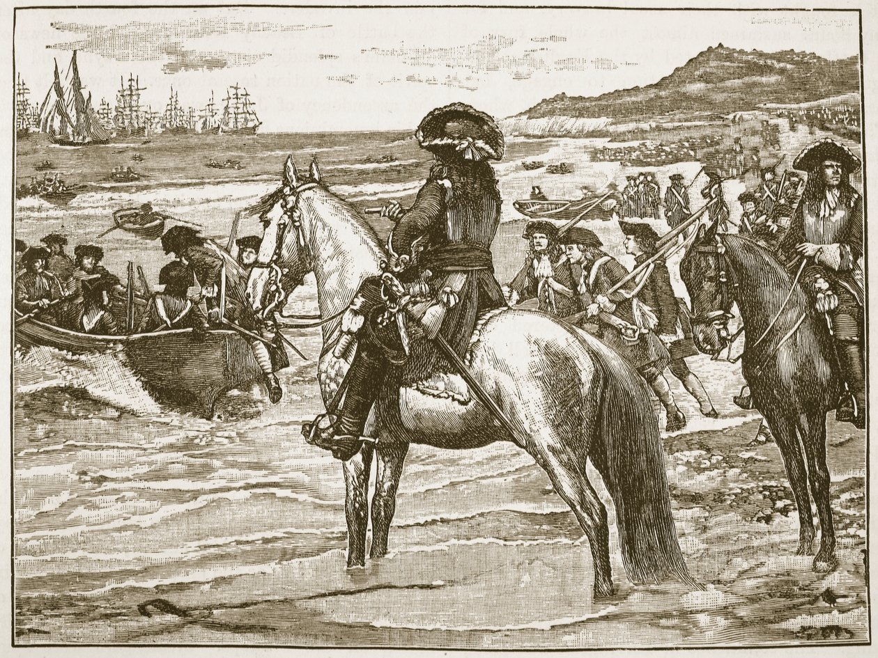 Franskmændene trækker sig tilbage fra Torbay, illustration fra Cassells Illustrated History of England (sepiafoto) af English School
