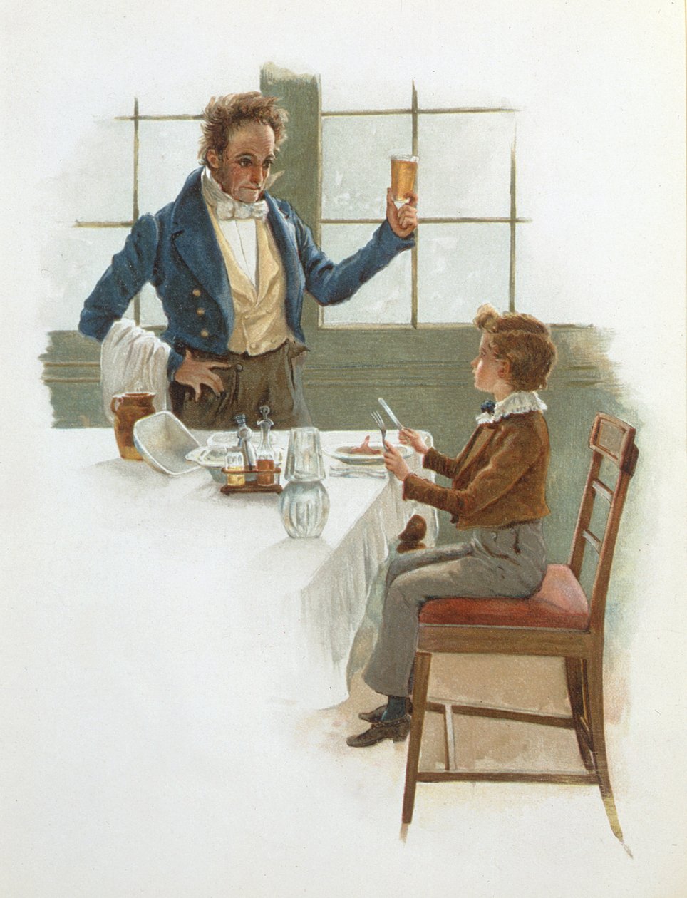 The Friendly Waiter, illustration til David Copperfield (1850) af Charles Dickens (1812-70) af English School