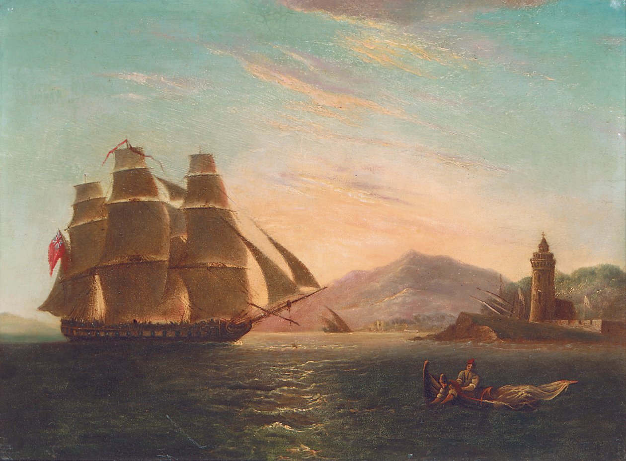 Fregatten HMS Pearl, 32 kanoner, på vej ind i Faro, Messina af English School