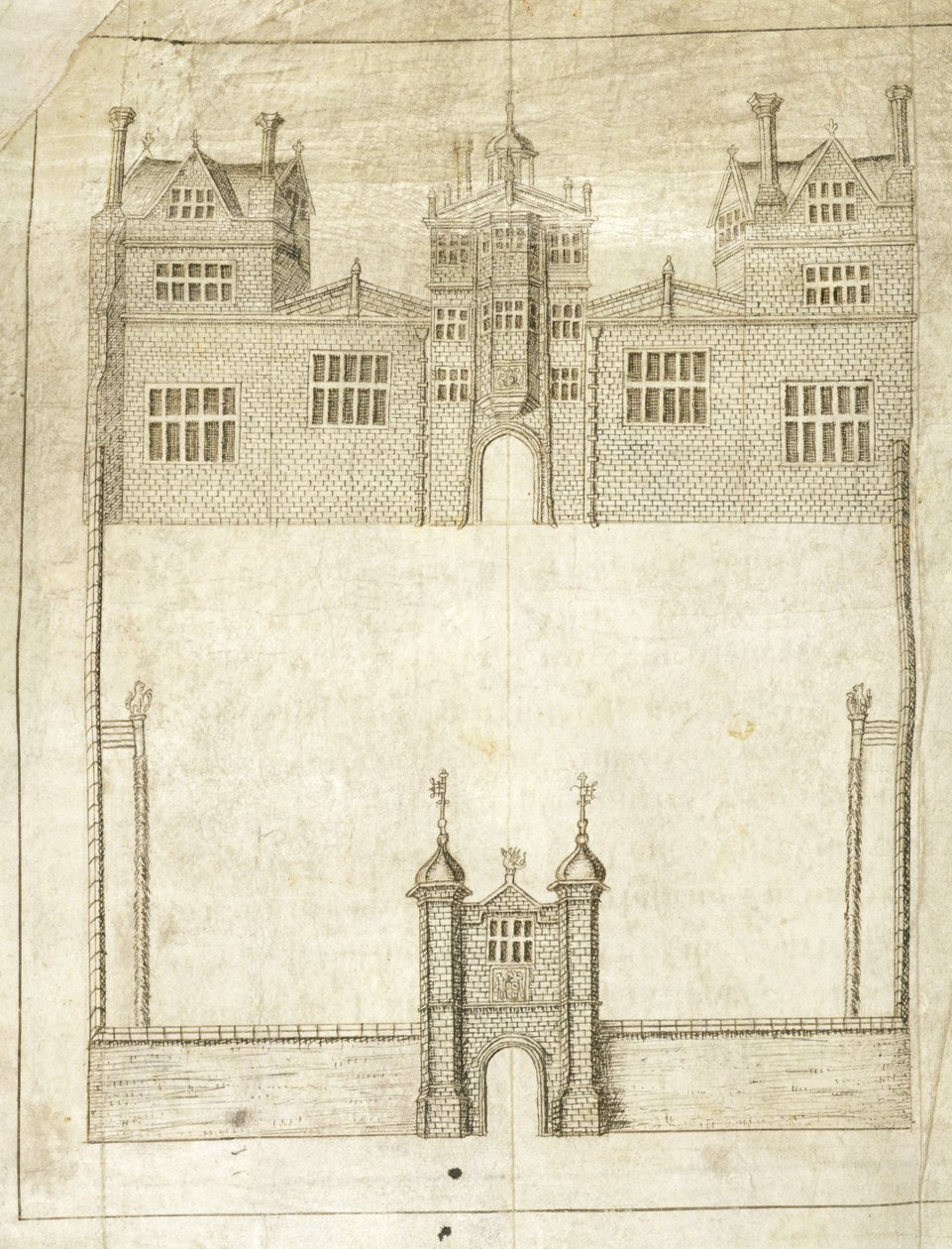 The Front of Wilton House, detalje fra Survey of Lands for the 1st Earl of Pembroke, 1566 (pen & blæk på vellum) af English School