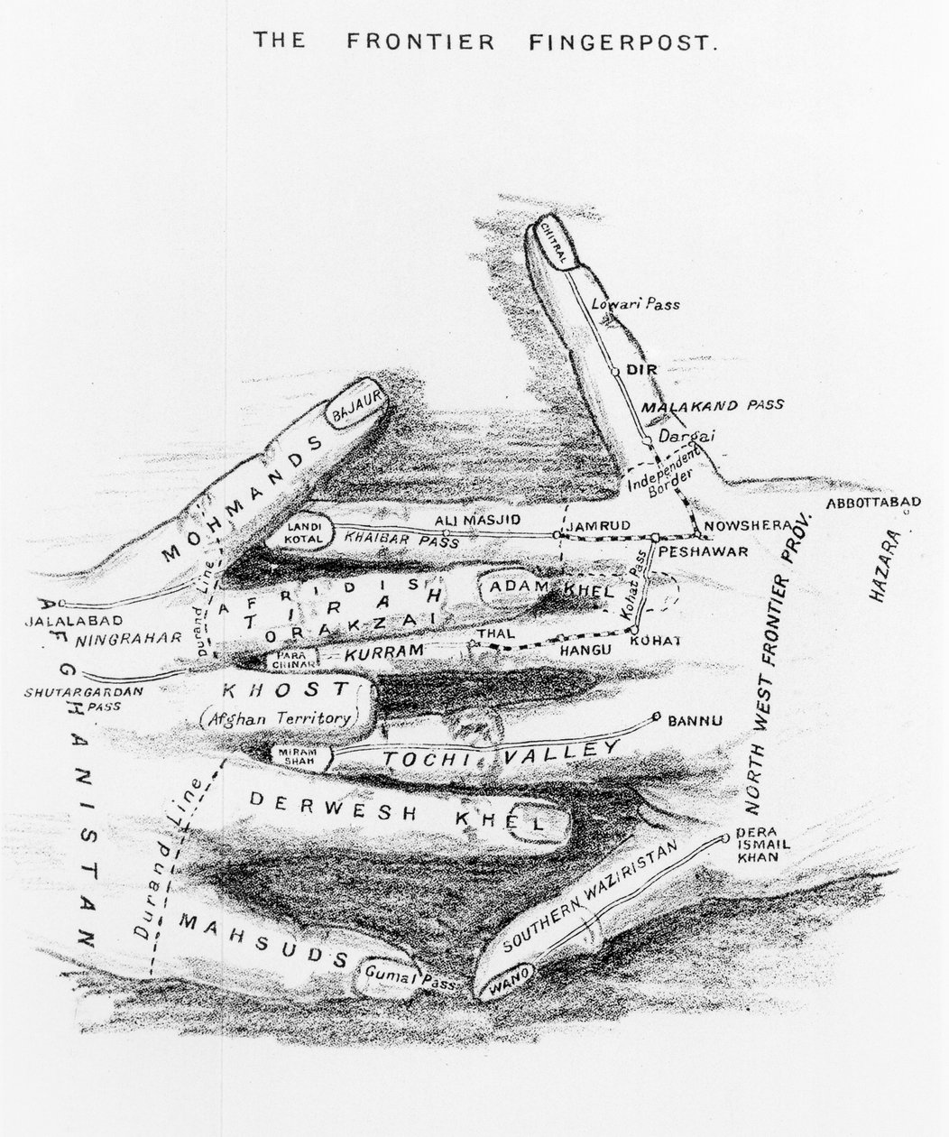 Frontier Fingerpost, der skitserer Britisk Indiens nordvestlige grænse, fra Gun-Running and the North-West Frontier af Arnold Keppel, udgivet 1911 af English School