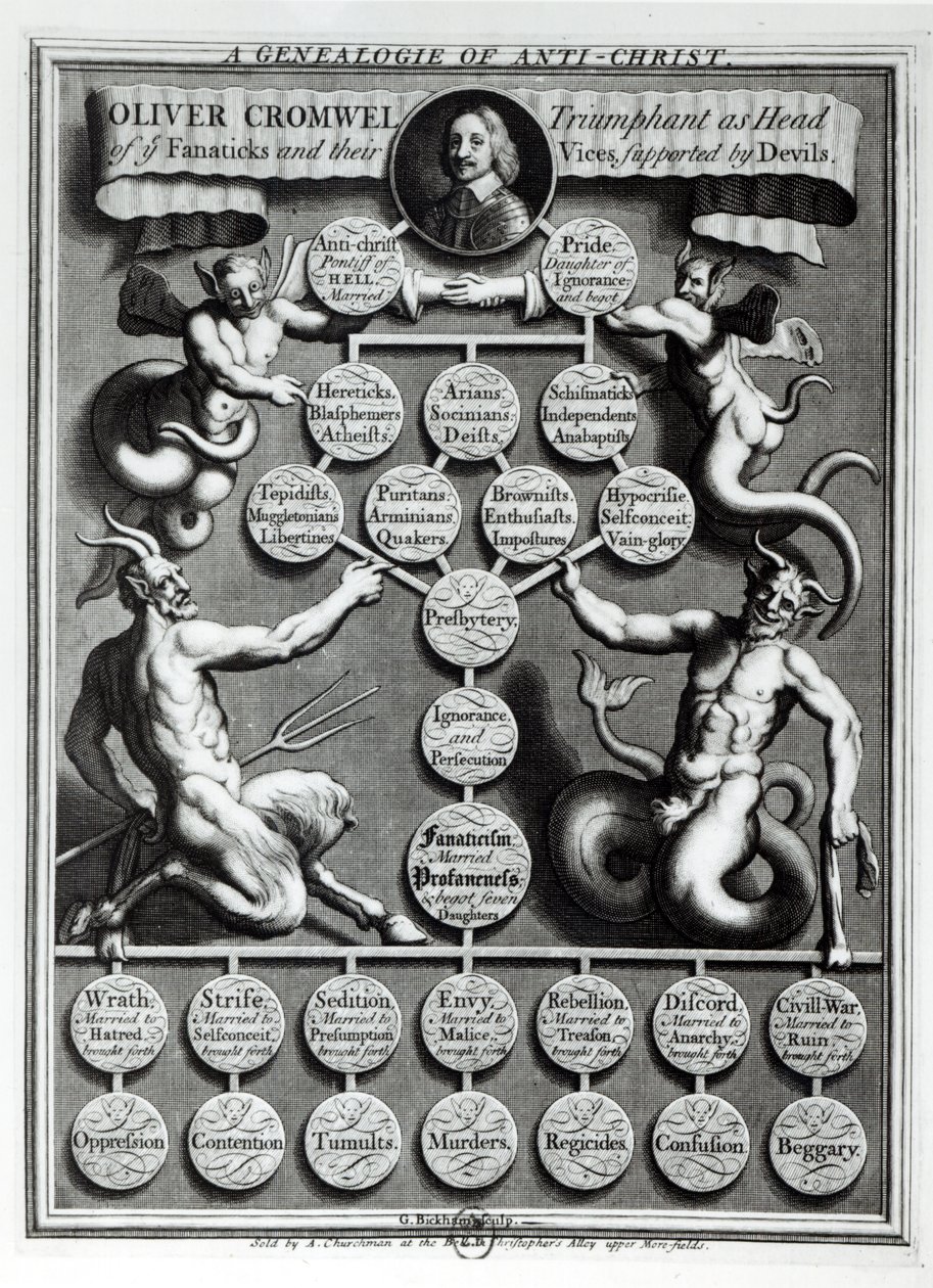 Antikrist Oliver Cromwells genealogi (1599-1658) af English School
