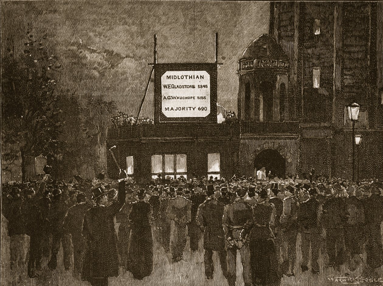 Det almindelige valg i 1892: Annoncering af resultater ved National Liberal Club, illustration fra Cassells Illustrated History of England (sepiafoto) af English School