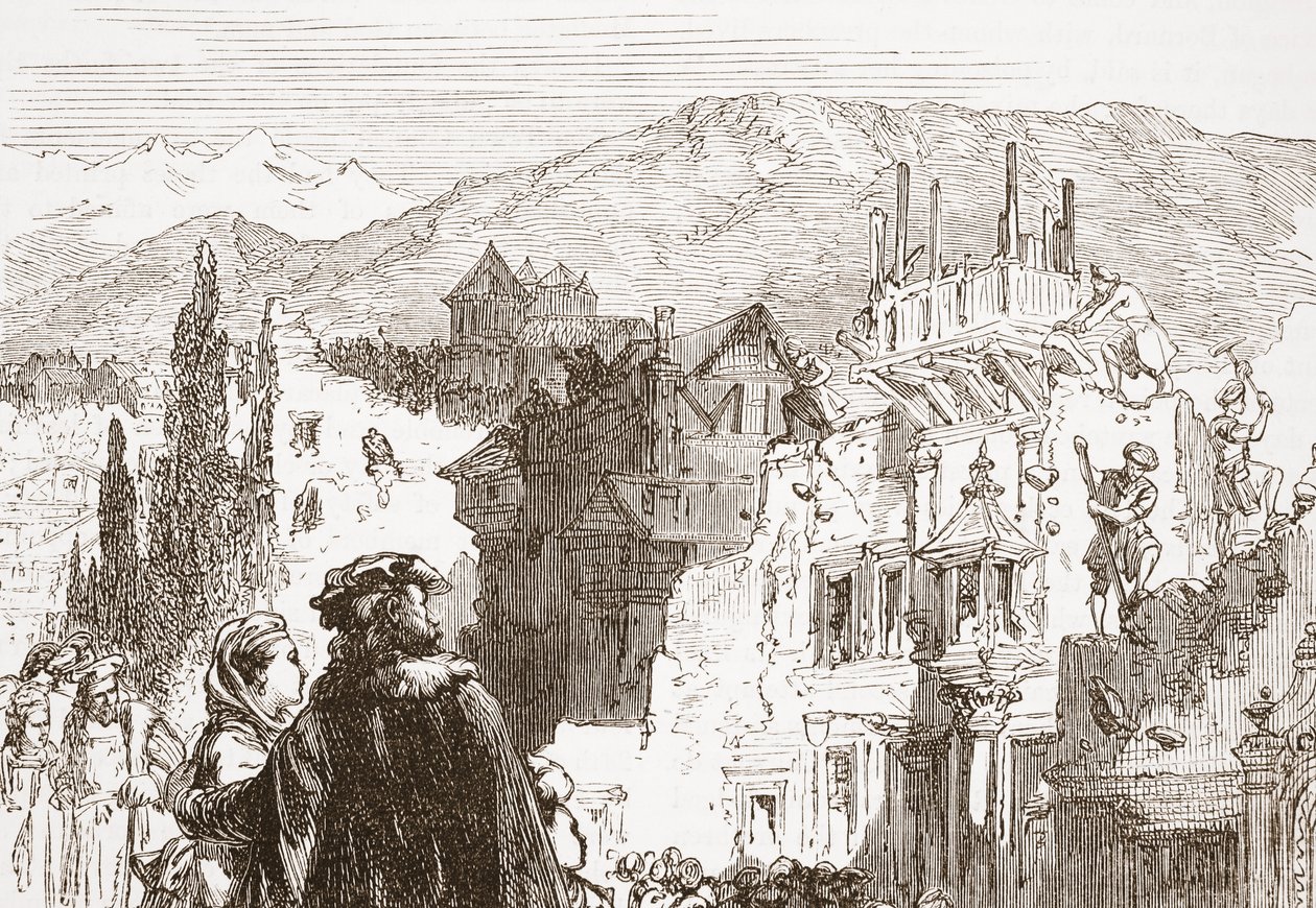 Genevanerne ødelægger forstæderne til deres by, illustration fra The History of Protestantism af James Aitken Wylie (1808-1890), pub. 1878 af English School