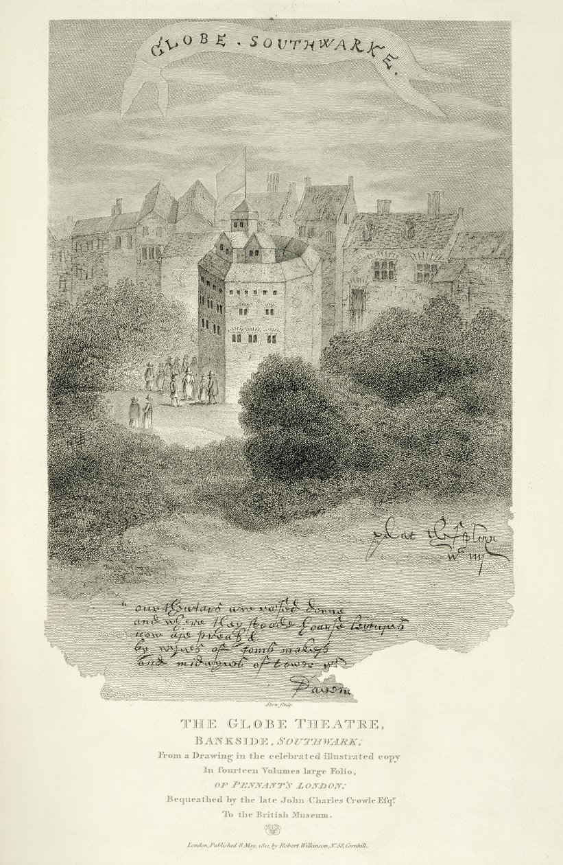 The Globe Theatre, Bankside, Southwark, efter en tegning fra Pennants London, første gang udgivet 1793, indgraveret af James Stow (ca. 1770-s. 1820), udgivet 1812 af English School