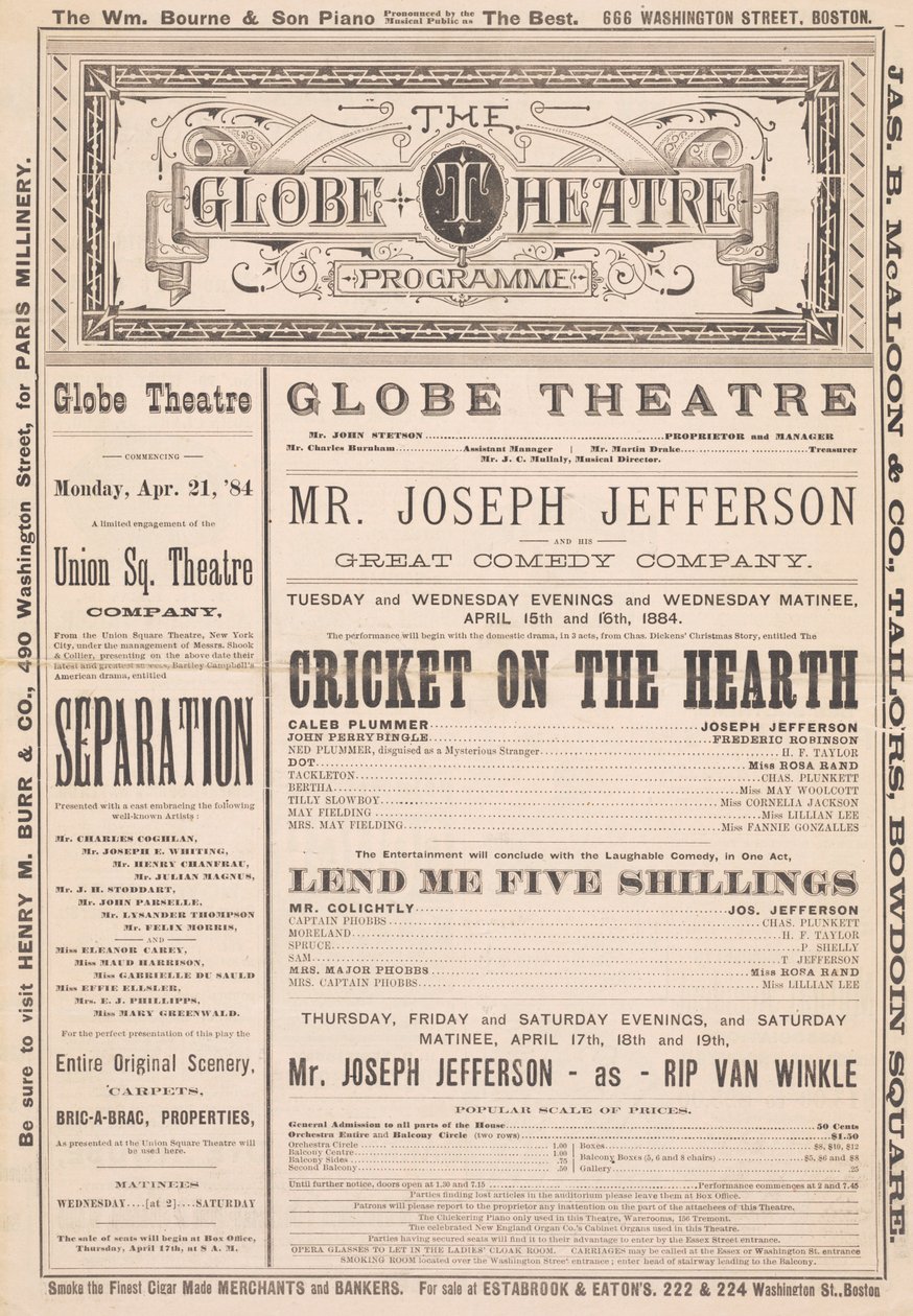 The Globe Theatre Programme, 21. april, 1884 af English School