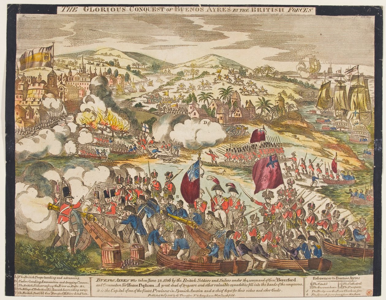 The Glorious Conquest of Buenos Aires by the British Forces, 27. juni 1806, udgivet af G. Thompson, 1806 (farvet træsnit) af English School