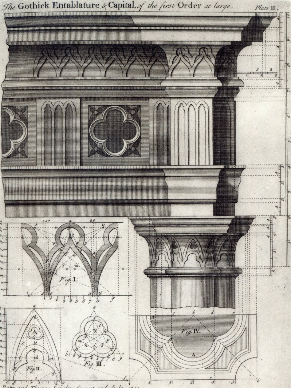 Den gotiske entablatur og hovedstad for den første orden i almindelighed, 1741 af English School