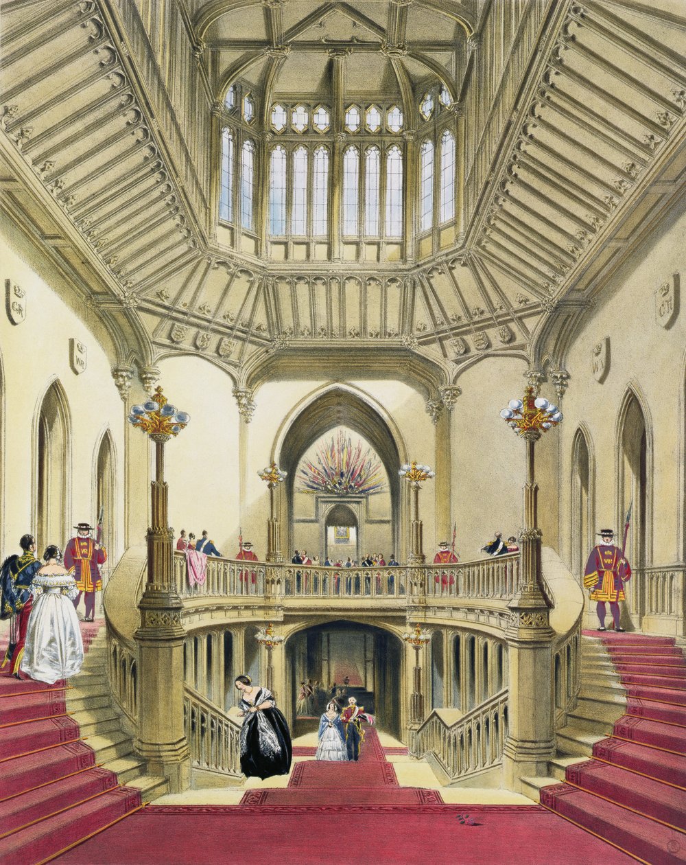 The Grand Staircase, Windsor Castle, fra A History of the Royal Residences af William Henry Pyne (1760-1943), 1838 (akvatint) af English School