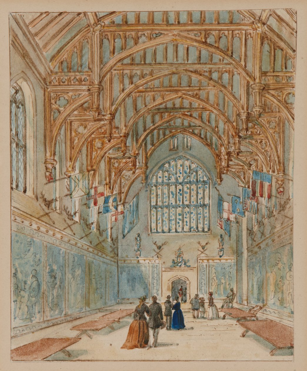 The Great Hall, Hampton Court Palace, ca. 1860-70 (akvarel på papir) af English School