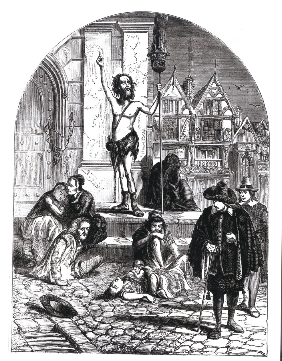 Den store pest i 1665, entusiasten fordømte London (gravering) (bw foto) af English School
