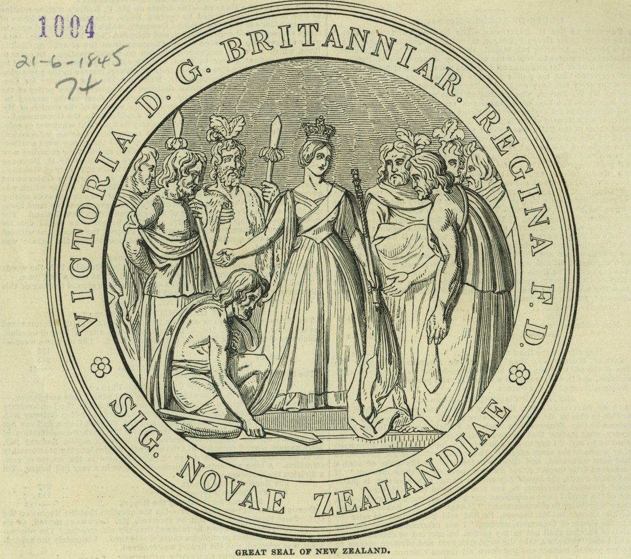 The Great Seal of New Zealand, fra The Illustrated London News, 21. juni 1845 af English School