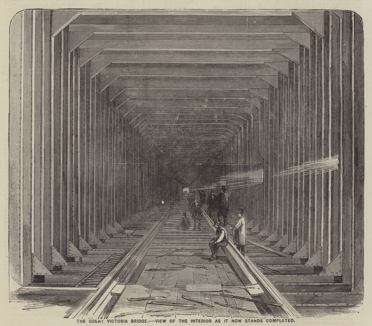 The Great Victoria Bridge, View of the Interior as it Now Stands Completed (gravering) af English School