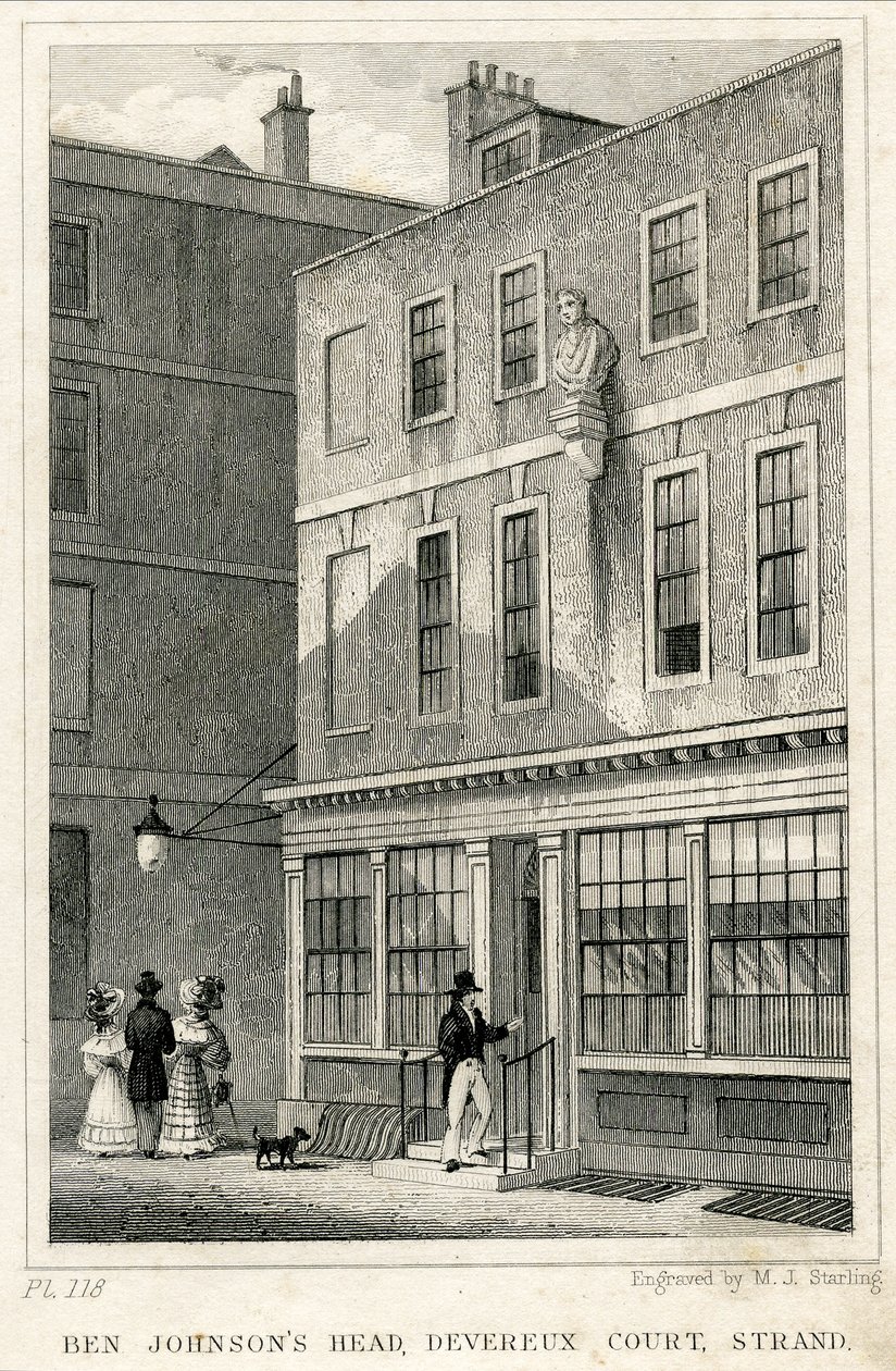 The Grecian Coffee House, Devereux Court, Strand, med en buste af Ben Johnson (gravering) af English School